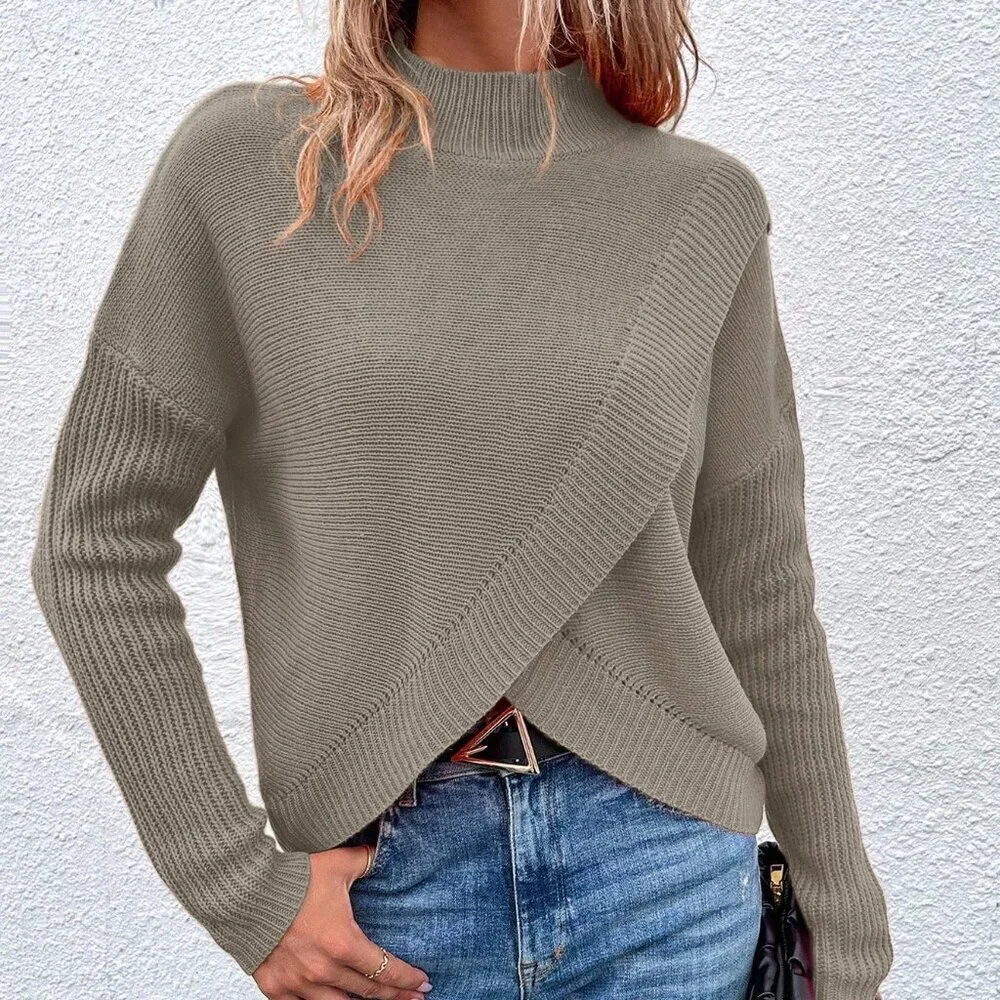 Khaki Casual Women's Stand Collar Pullover Sweater with Dropped Shoulder